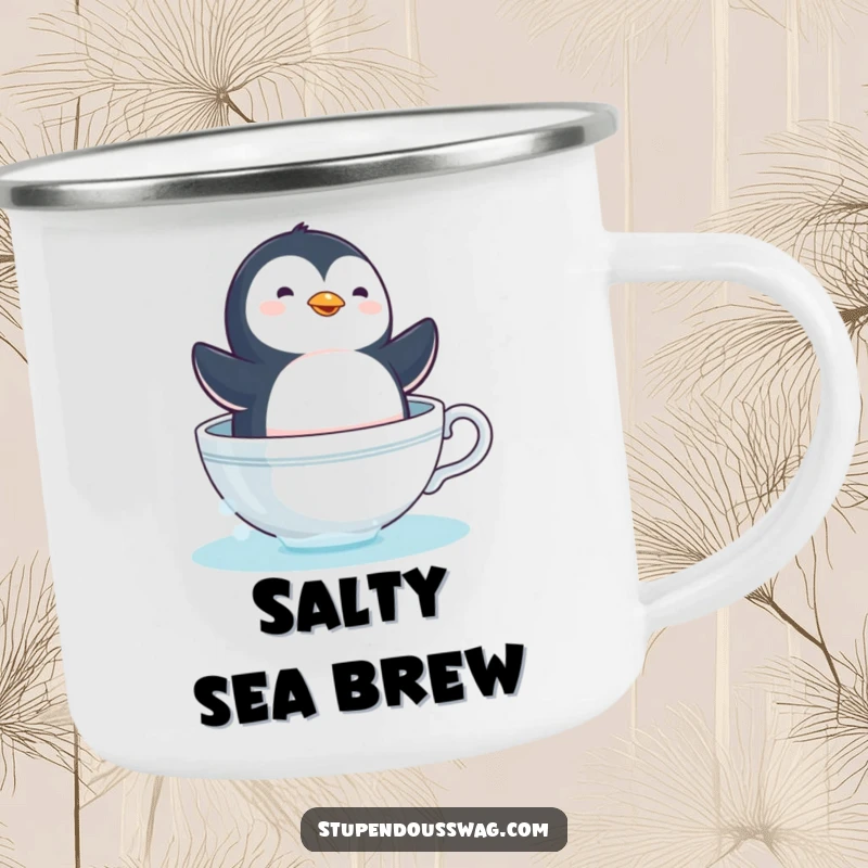 Funny dizzy penguin camping mug showing a comical bird sailing in a teacup, a durable and humorous outdoor gift.