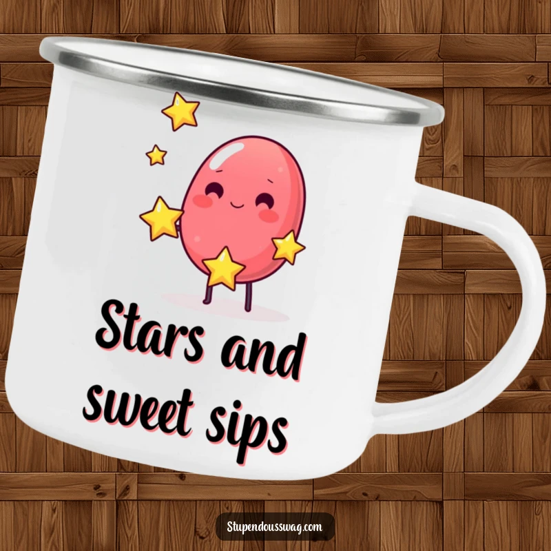 Funny camping mug showing a wobbly jelly bean juggling small bouncing stars, ideal for outdoor adventures.
