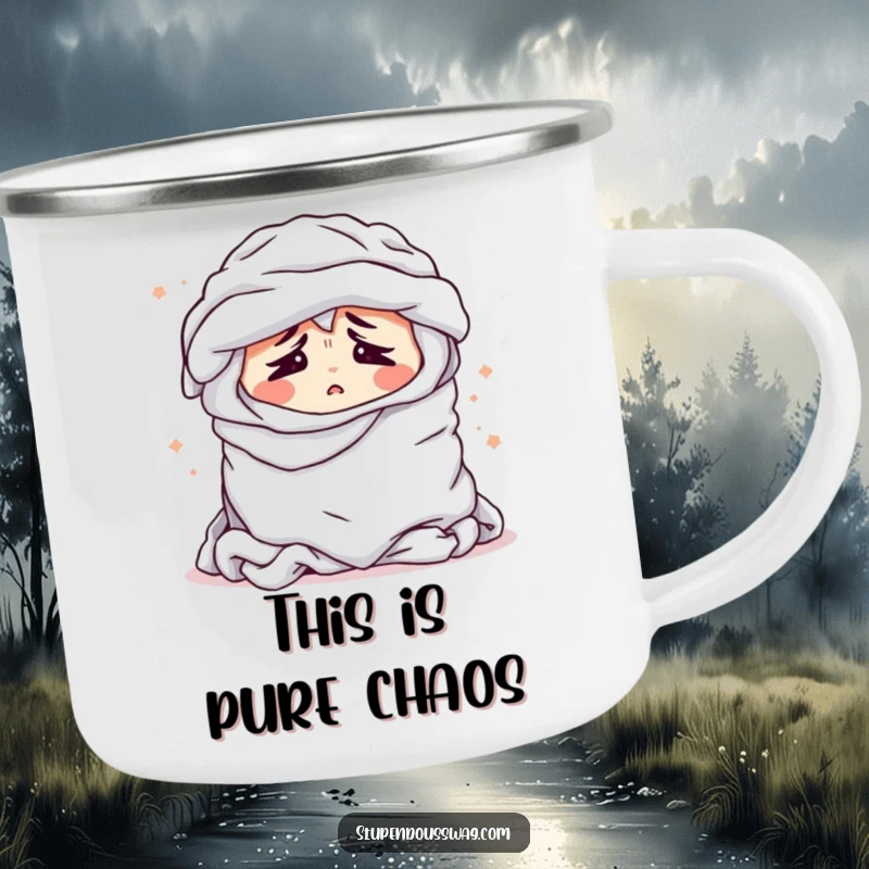 Funny camping mug depicting a bewildered pile of laundry sighing dramatically, ideal for outdoor enthusiasts who appreciate humor.