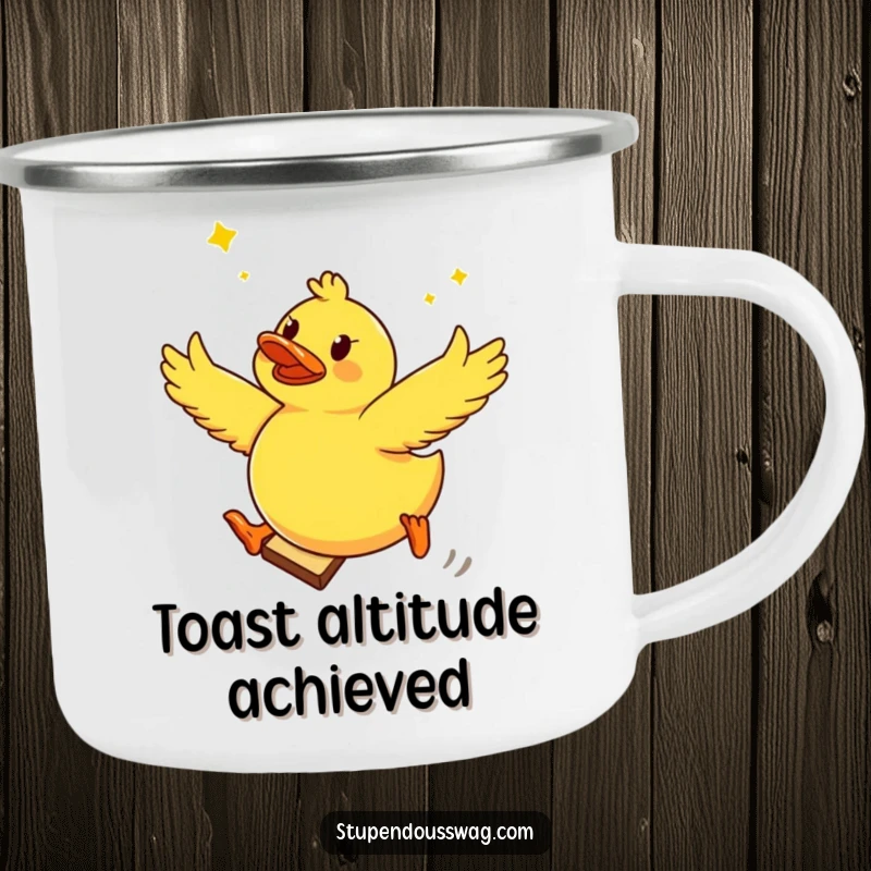 Funny camping mug showing a brave rubber ducky leaping off flying toast, ready for campfire stories and laughter.