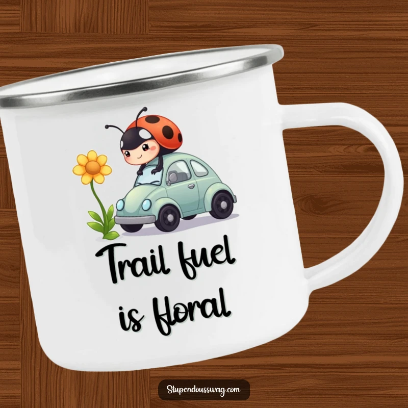 Funny camping mug showing a ladybug trying to power a small car with a flower, a humorous symbol of outdoor ambition.