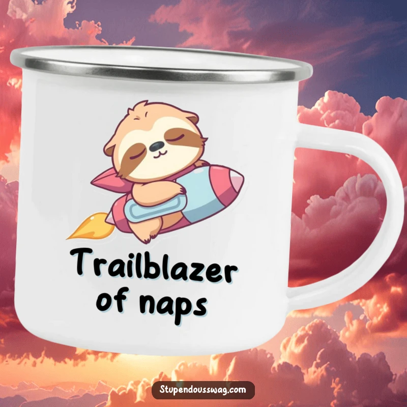 Funny camping mug with a sleepy sloth wearing a jetpack, accidentally zooming upwards outdoors.