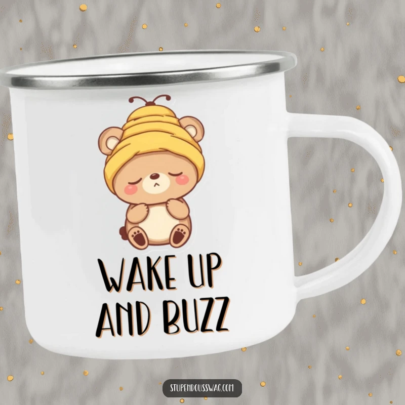 Funny camping mug with a sleepy bear character hilariously wearing a beehive as a hat, ready for the outdoors.