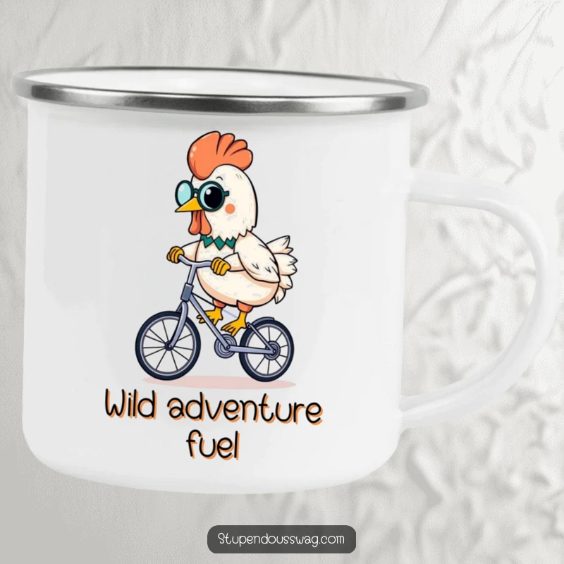 Funny rubber chicken with monocle riding a unicycle with banana on a camping mug, quirky outdoor gift.