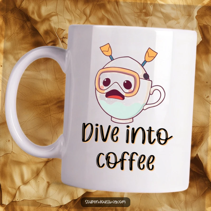 Funny mug depicting a wide-eyed, startled teacup fully equipped with a diving mask and flippers, ready for an unexpected aquatic plunge.