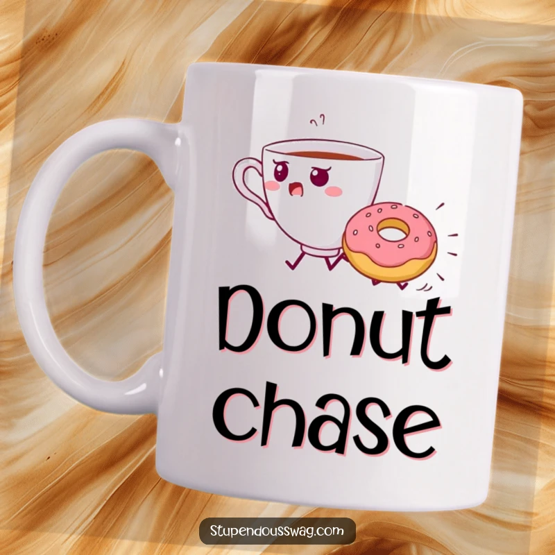 Funny Teacup Donut Chase Mug: A startled teacup flees from a runaway, rolling donut.