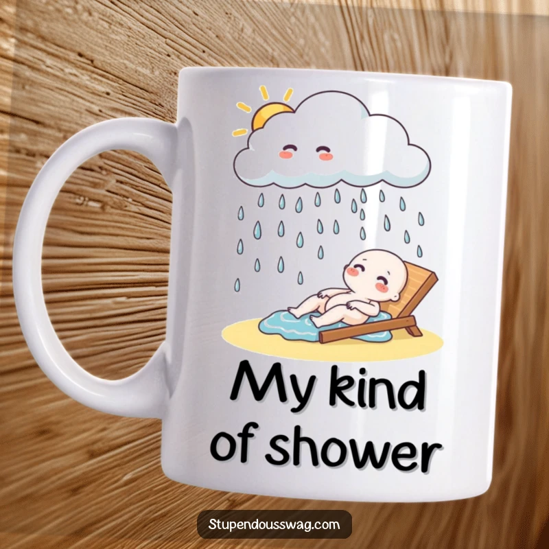 Funny Mug: A playful cloud raining giggling raindrops onto a happy sunbather, creating a scene of cheerful surprise.