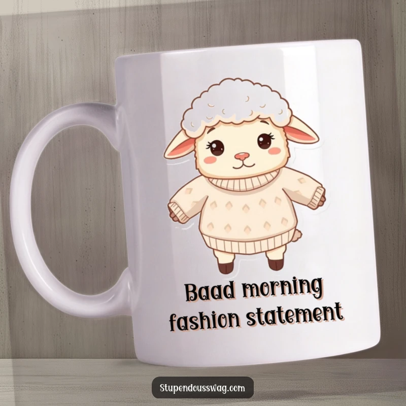 Funny sheep mug featuring a fluffy sheep wearing its sweater inside out, looking utterly bewildered and confused. Adorable and humorous farm animal illustration.