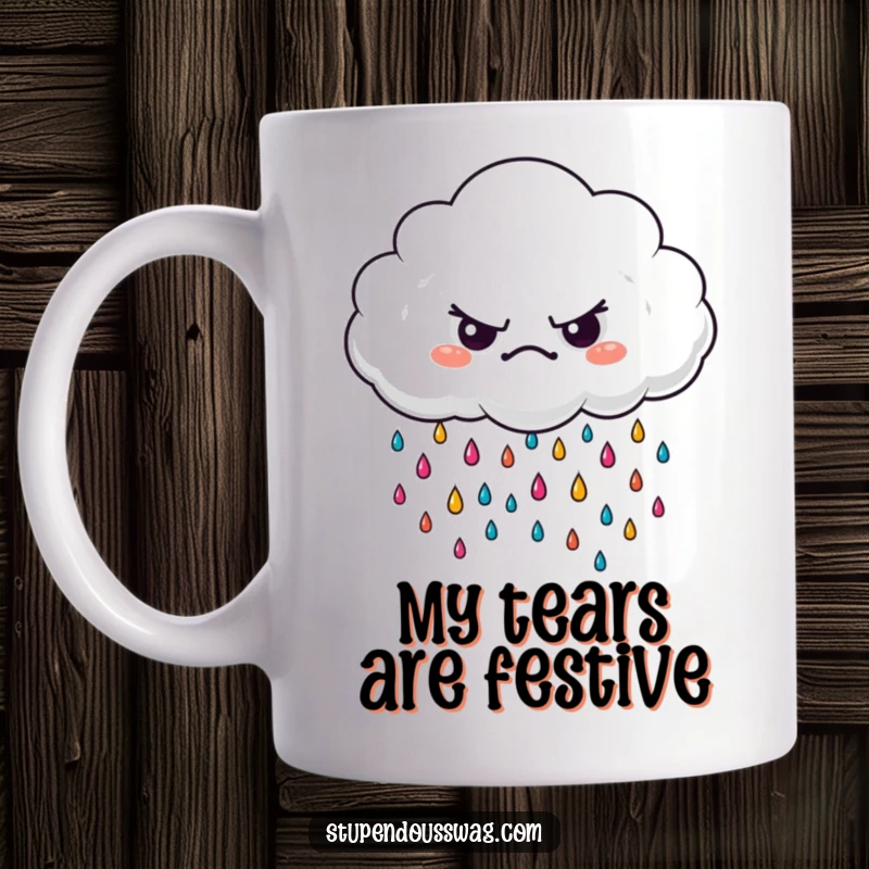Funny grumpy cloud mug with small, vibrant raindrops falling, expressing a humorous, slightly moody personality.
