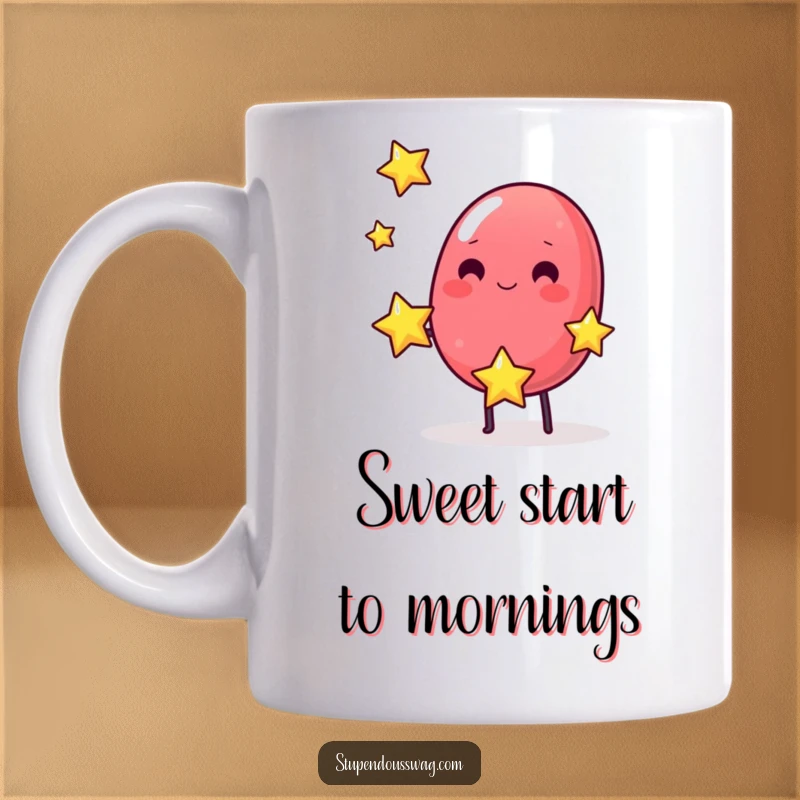 Funny mug showing a wobbly jelly bean juggling three small, bouncing stars against a colorful background.