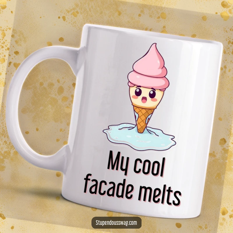 Funny mug showing a surprised ice cream cone melting dramatically into a puddle, celebrating dessert humor.