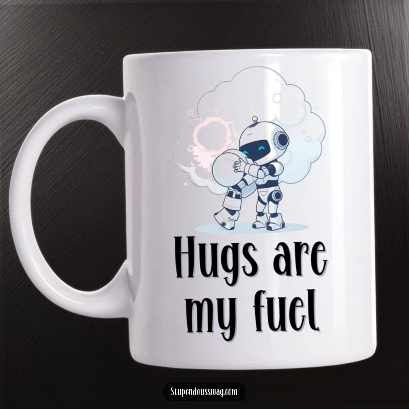 Funny tiny robot reaching up to give a giant hug to a soft, fluffy cloud, creating a heartwarming scene on a mug.