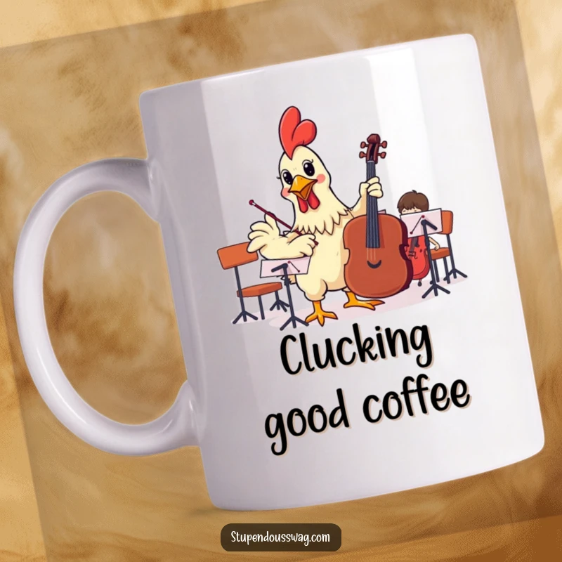Funny mug showing a rubber chicken attempting to conduct an orchestra, conveying chaotic musical energy and absurd humor.