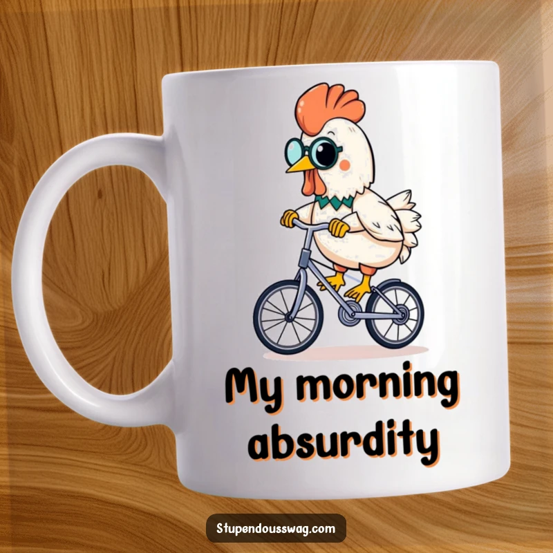 Funny rubber chicken wearing a monocle, riding a unicycle with a banana, whimsical and absurd mug design.