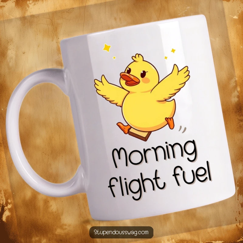 Funny mug featuring a brave rubber ducky mid-air, leaping heroically from a slice of flying toast, radiating pure, silly joy.