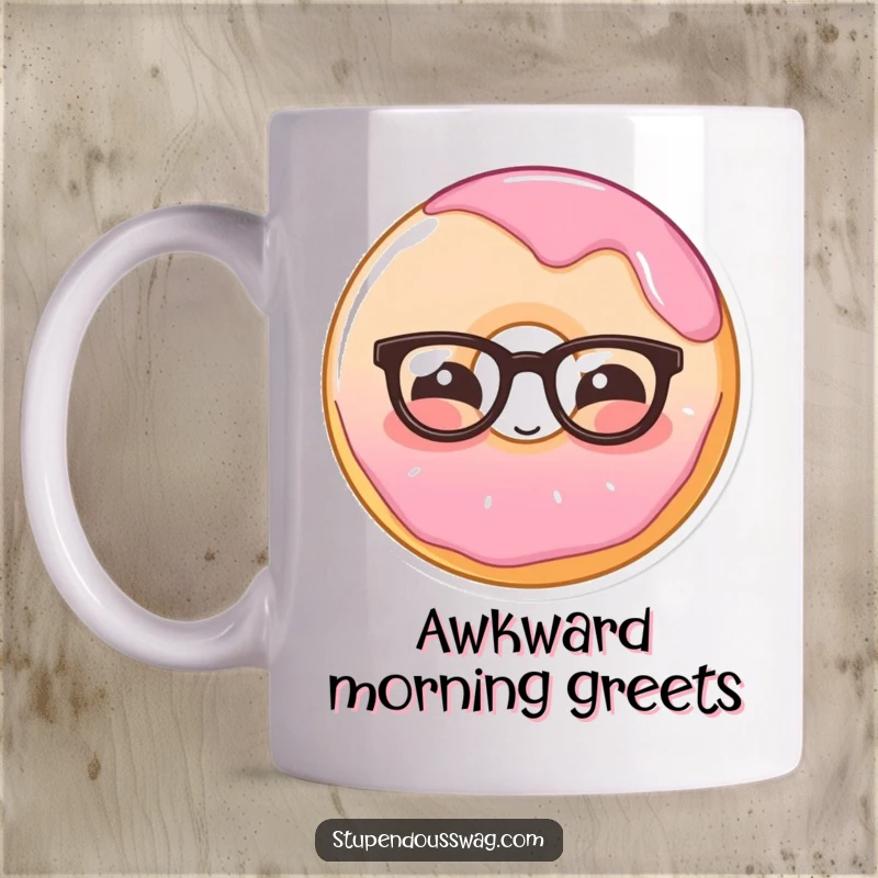 Funny mug showing a blushing donut wearing glasses, embodying sweet shyness and relatable awkwardness.