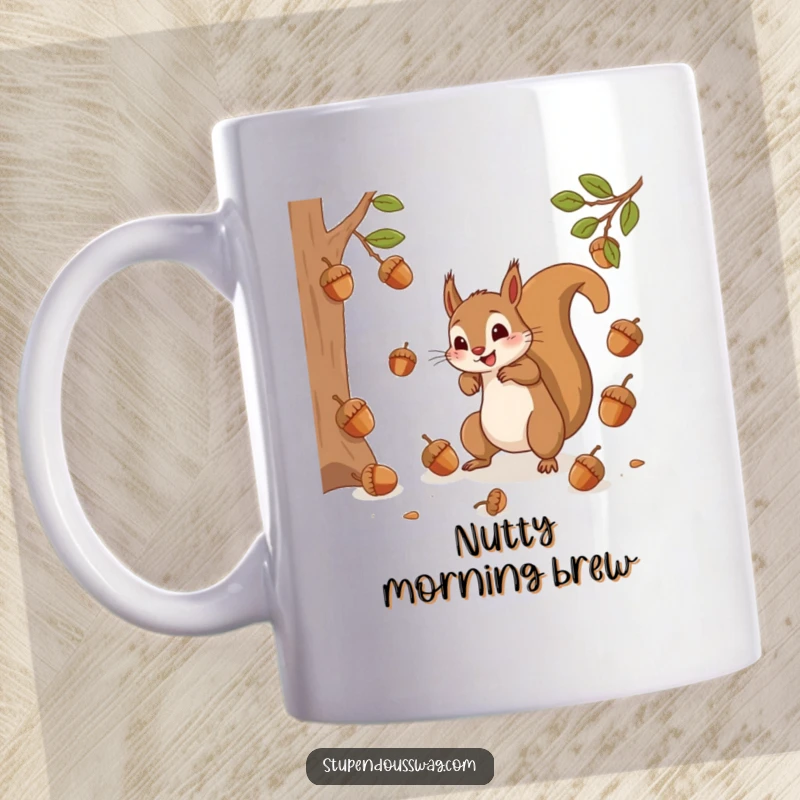 Funny squirrel in a frenzy, trying to catch bouncing acorns, depicted on a humorous coffee mug, celebrating the chaos of nature.