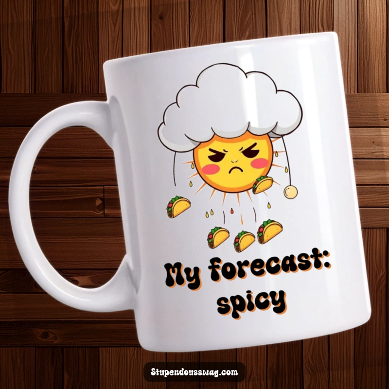 Funny mug featuring a grumpy cloud raining miniature tacos onto a bewildered-looking sun, conveying a comical weather forecast.