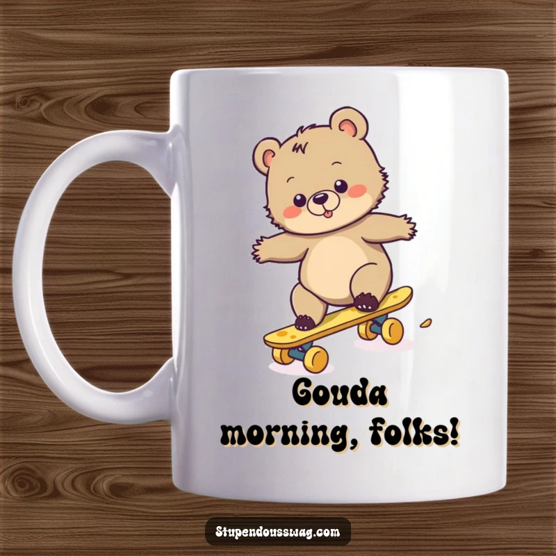 Funny mug showing a clumsy bear cub wobbling on a skateboard made entirely of cheese, a humorous depiction of failed attempts.