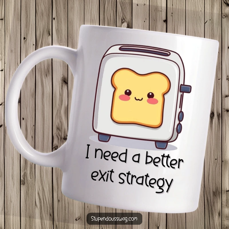 Funny mug showing a smiling slice of bread comically stuck halfway out of a toaster, ready to make someone laugh uncontrollably.