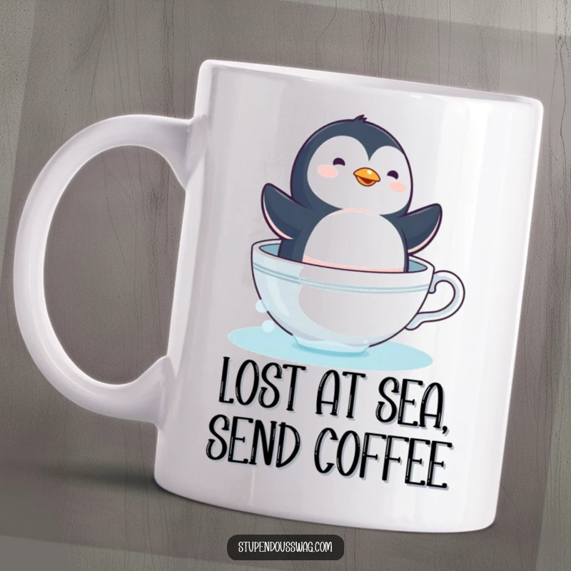 Funny penguin teacup mug capturing a dizzy bird sailing playfully in a teacup, a delightful and amusing gift.