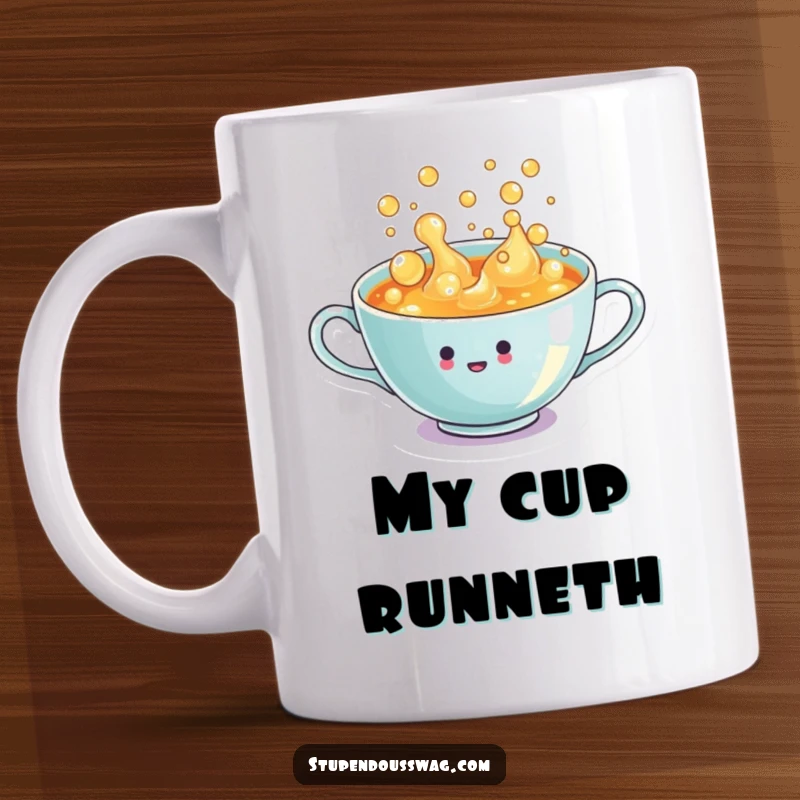 Funny Mug: A tiny teacup overflowing with enthusiastic, bubbly liquid, symbolizing overflowing joy and energy.
