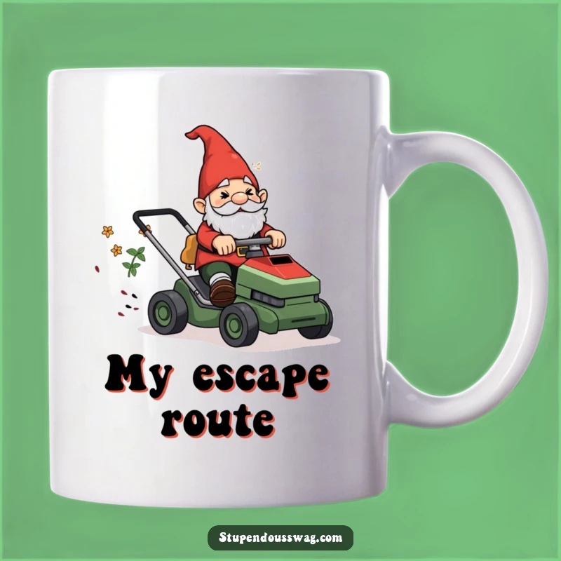 Funny Gnome Lawn Mower Mug: Confused Rider's Wild Ride, Hilarious Garden Gift