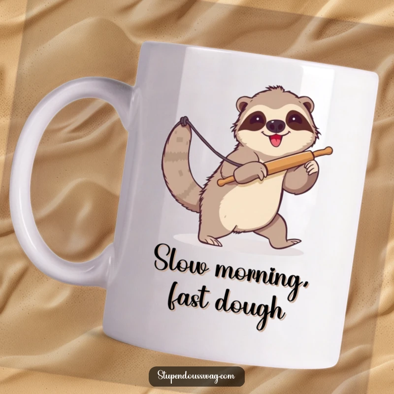 Funny sloth mug with a clumsy sloth attempting to lasso a runaway rolling pin. Humorous kitchen mishap illustration and a great gift idea.