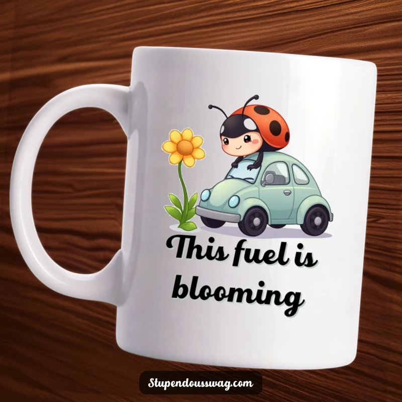 Funny mug featuring a determined ladybug using a flower to power a miniature car, showcasing ambitious eco-friendly efforts.