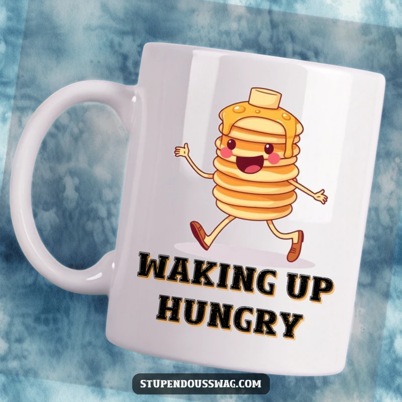 Funny mug showing a cheerful, slightly wobbly stack of pancakes attempting to march forward with determination, bringing a smile to breakfast.