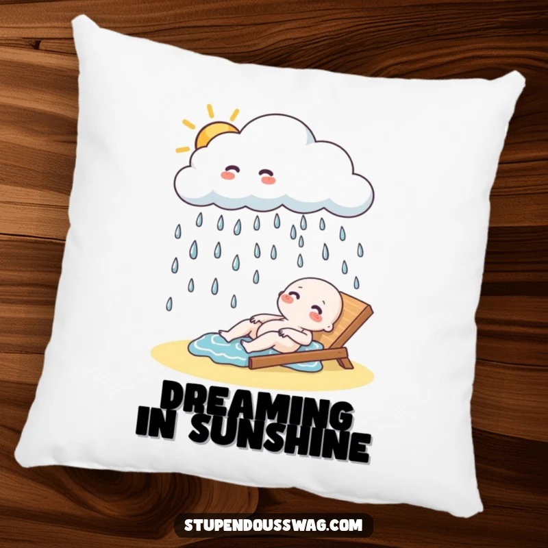 Funny Pillow: A playful cloud raining giggling raindrops onto a sunbather, bringing humor to home decor.