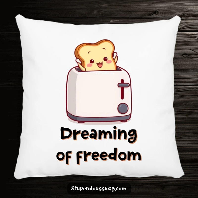 Funny Pillow: A slice of toast leaping dramatically from a toaster, adding humor to home decor.