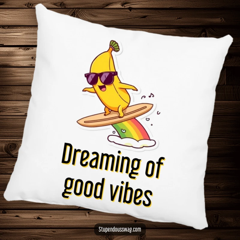 Funny pillow featuring a banana wearing sunglasses, surfing a colorful rainbow, designed for ultimate comfort and fun.