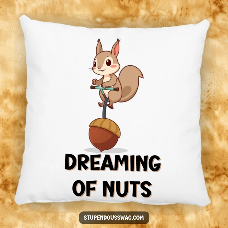 Funny pillow with a mischievous squirrel balancing on a giant acorn unicycle, providing soft comfort and a humorous decorative element.