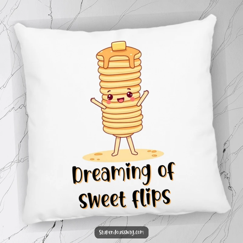 Funny pillow design of a wobbly pancake tower attempting a handstand, perfect for quirky comfort.