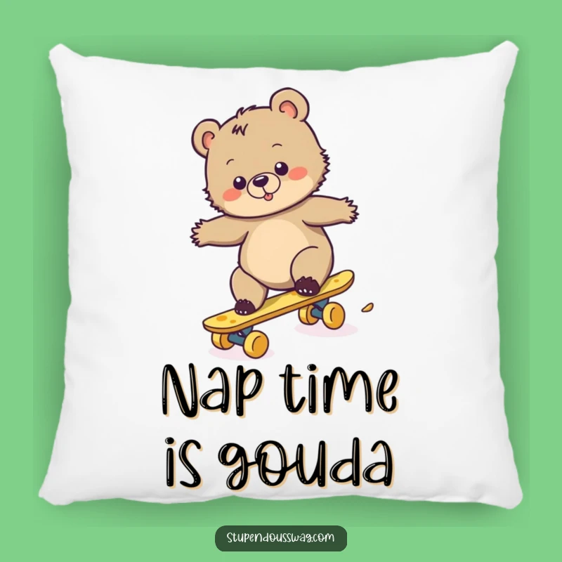 Funny Bear Cub Cheese Skateboard Pillow: Cozy Comfort with Clumsy Cub's Cheesy Dreams