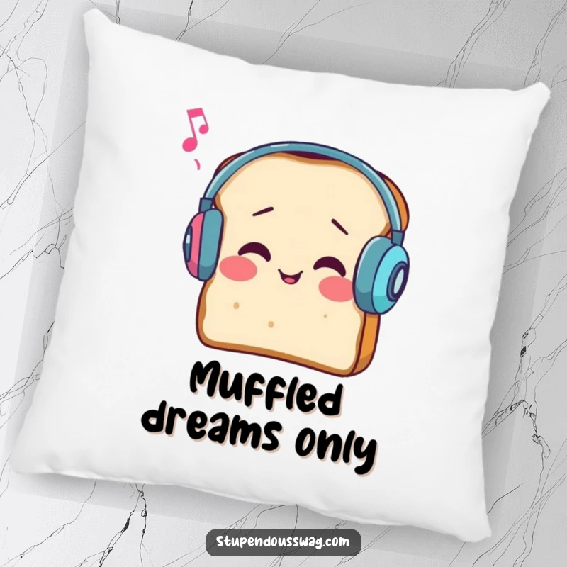Funny pillow with a slice of bread wearing earmuffs, comically trying to listen to music, designed for comfort.