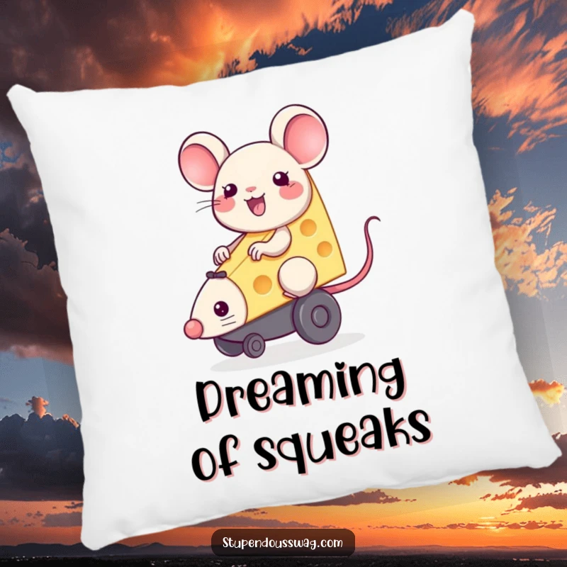 Happy piece of cheese riding a squeaky toy mouse, a soft and decorative pillow for a fun atmosphere.