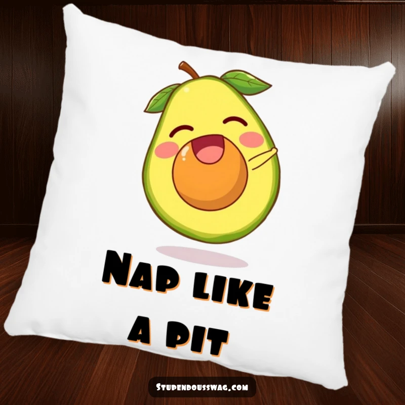 Funny avocado pillow showing a laughing avocado pit escaping its fruit and doing a tiny somersault. Soft and humorous decorative accent.