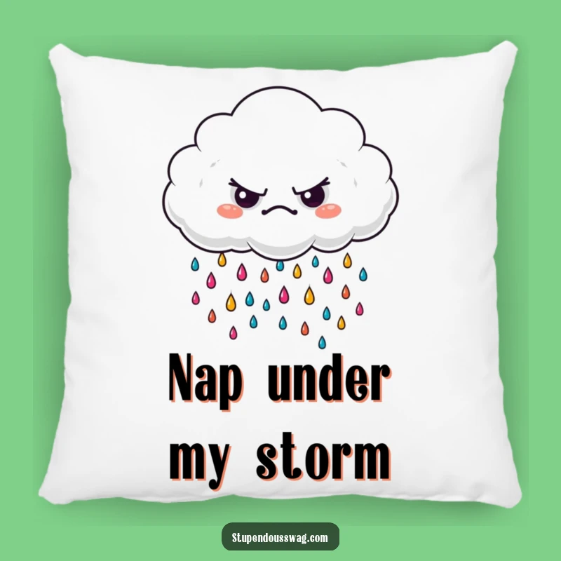 Funny Grumpy Cloud Pillow: Cozy Comfort with Whimsical Colorful Raindrops