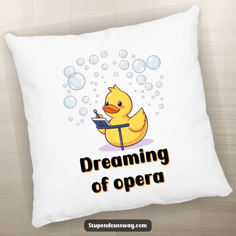 Funny rubber duck leading a bubble orchestra, a soft and decorative pillow for a fun atmosphere.