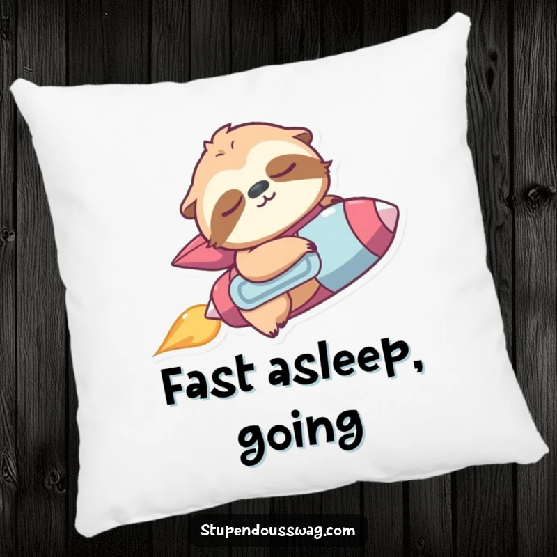 Funny pillow with a sleepy sloth wearing a jetpack, accidentally zooming upwards, designed for cozy surprises.