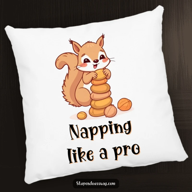 Funny pillow showcasing a clumsy squirrel balancing a stack of nuts, offering comfort and a touch of relatable, woodland-themed humor for living spaces.