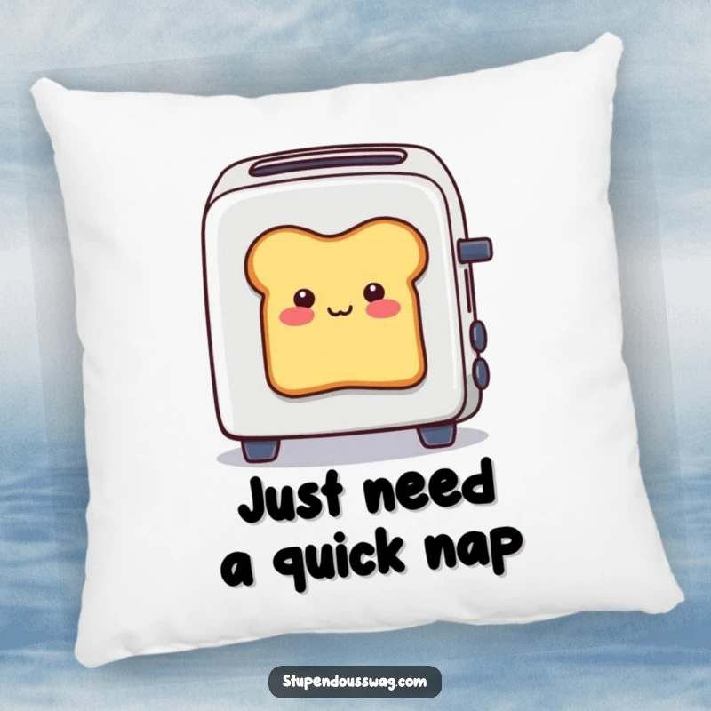 Funny pillow with a smiling bread slice stuck halfway out of a toaster, offering cozy comfort and a humorous decorative touch.