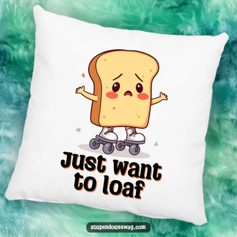 Confused loaf of bread trying to wear roller skates, a soft and decorative pillow for a fun vibe.