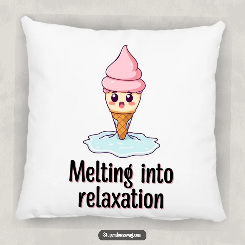Funny pillow design of a surprised ice cream cone melting dramatically into a puddle, perfect for quirky comfort.