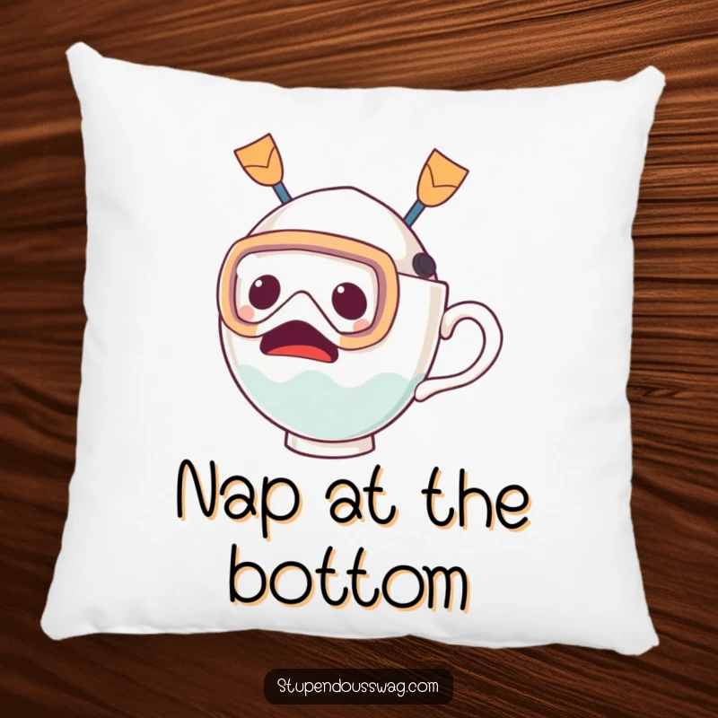 Funny pillow with a soft texture, depicting a startled teacup wearing a diving mask and fins, ready for an unexpected aquatic adventure.