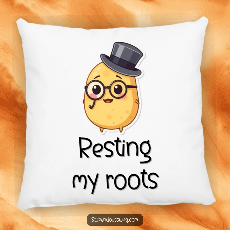 Funny pillow showcasing a potato wearing a monocle and top hat, offering comfort and a touch of sophisticated, vegetable-based humor for living spaces.