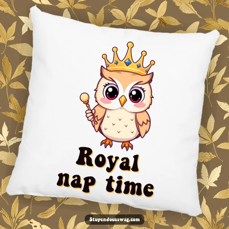 Funny pillow showcasing a surprised owl wearing a crown and holding a scepter, offering plush comfort and a touch of regal humor.