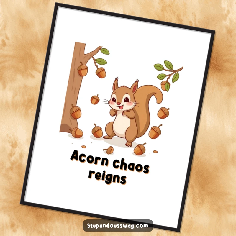 A digital art print capturing a frantic squirrel trying to catch bouncing acorns, perfect for instant, humorous wall decor.